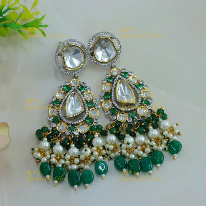 Statement Floral peacock design victorian AD short necklace with pearls and multi layer green beads - Sparkle and Glow