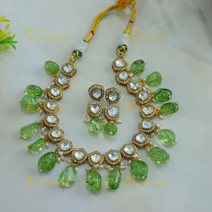 Beautiful victorian AD short necklace with rice pearls and mint green beads - Sparkle and Glow