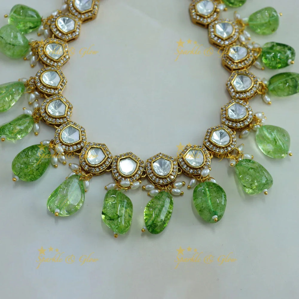 Beautiful victorian AD short necklace with rice pearls and mint green beads - Sparkle and Glow
