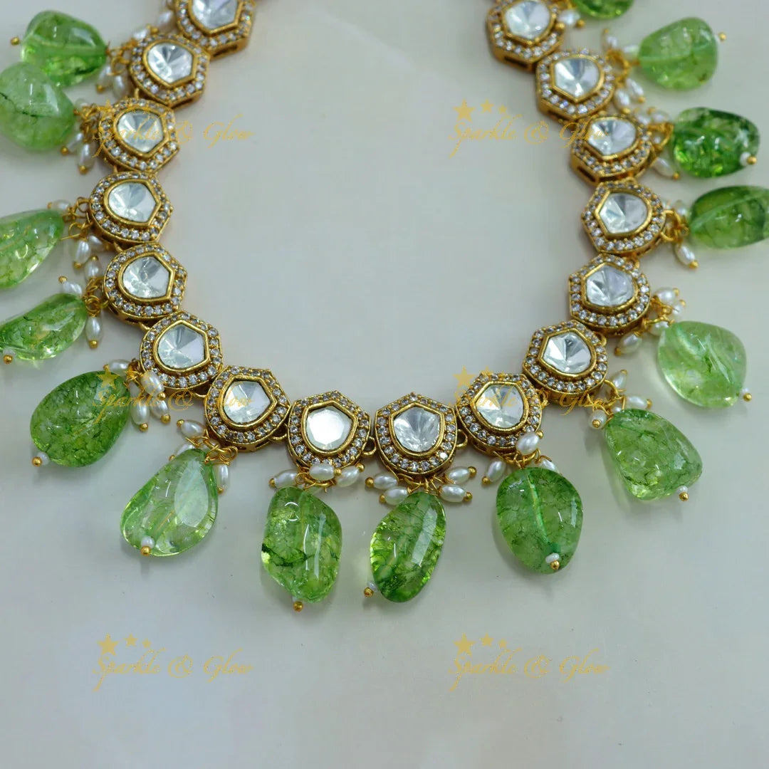 Beautiful victorian AD short necklace with rice pearls and mint green beads - Sparkle and Glow