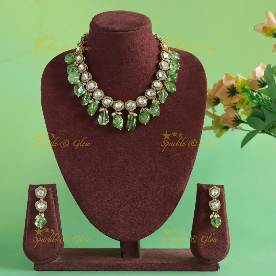 Beautiful victorian AD short necklace with rice pearls and mint green beads - Sparkle and Glow