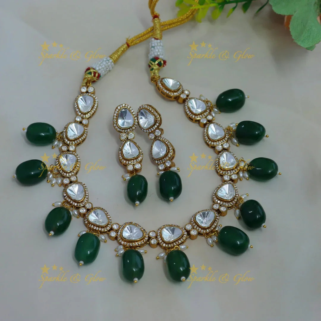 Stunning victorian AD short necklace with rice pearls and green beads - Sparkle and Glow