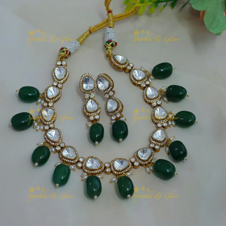 Stunning victorian AD short necklace with rice pearls and green beads - Sparkle and Glow
