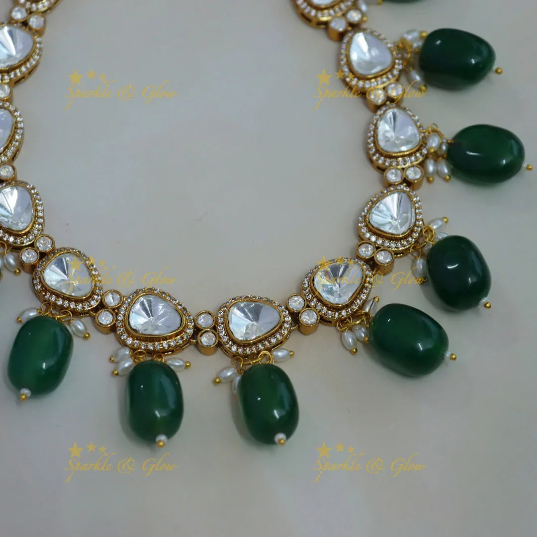 Stunning victorian AD short necklace with rice pearls and green beads - Sparkle and Glow