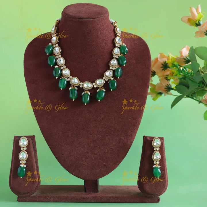 Stunning victorian AD short necklace with rice pearls and green beads - Sparkle and Glow