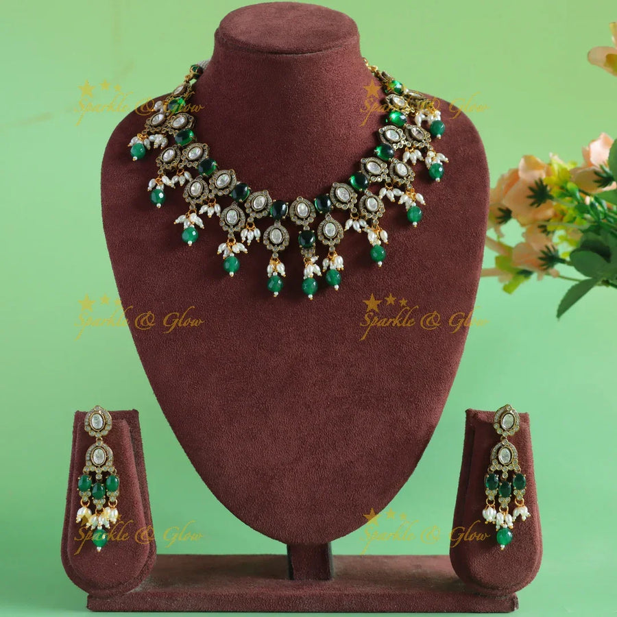 Statement Leaf design victorian AD short necklace with emerald rice pearls and green beads - Sparkle and Glow