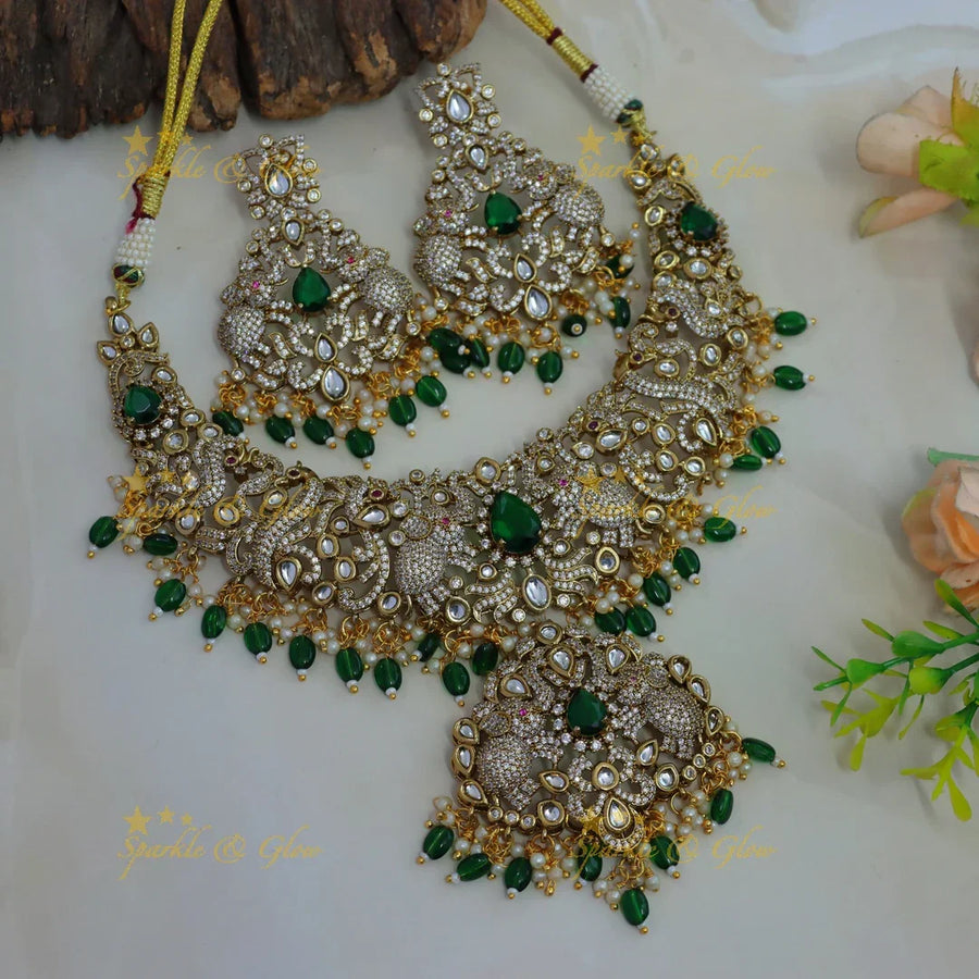 Grand Elephant floral design victorian AD short necklace with emerald pearls and green beads - Sparkle and Glow