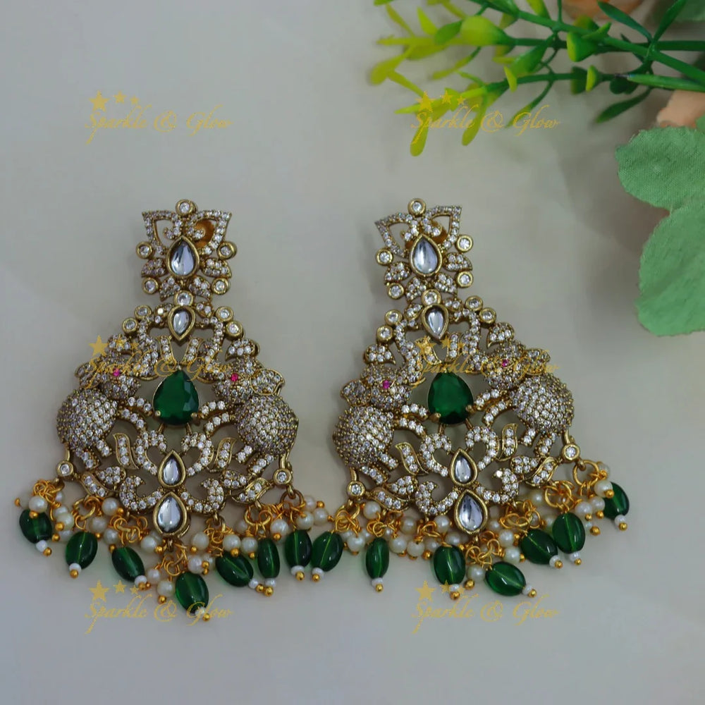 Grand Elephant floral design victorian AD short necklace with emerald pearls and green beads - Sparkle and Glow