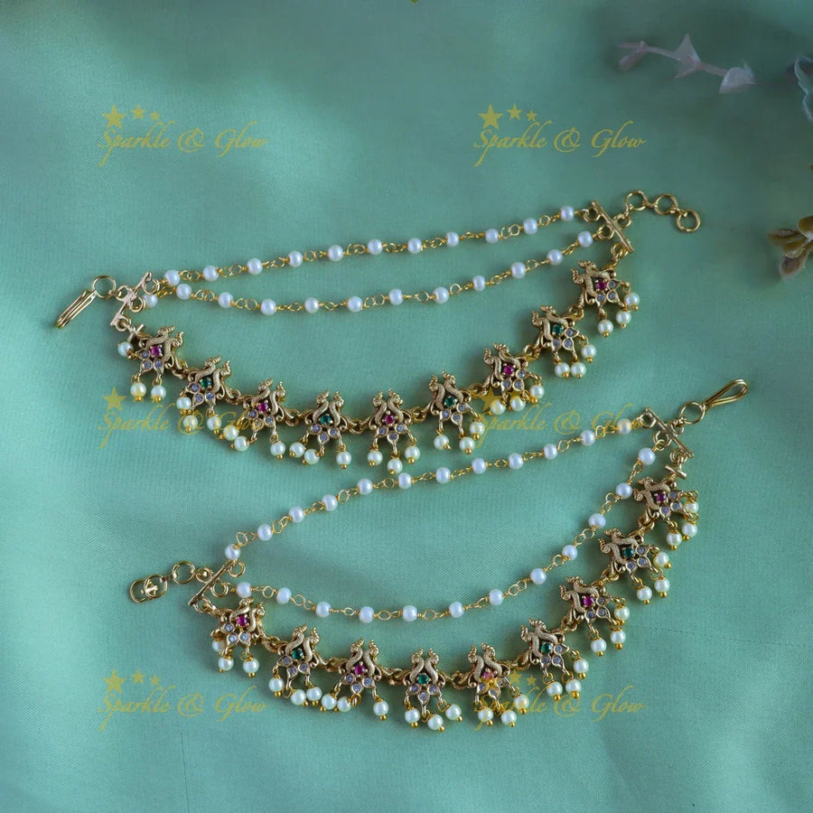 Sparkling Dual tone Peacock design Earchain with pearls - Sparkle and Glow