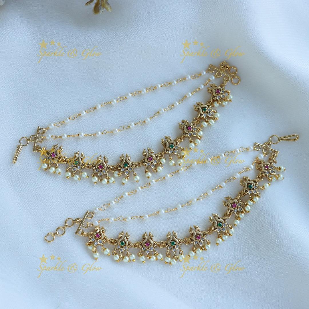 Sparkling Dual tone Peacock design Earchain with pearls - Sparkle and Glow