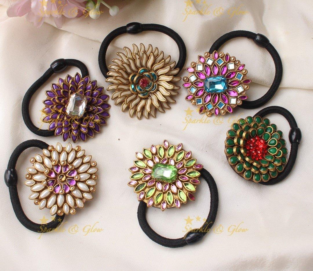 Elegant Sunflower design Silkthread Hairband- Set of 6- Assorted colours for return gifts - Sparkle and Glow
