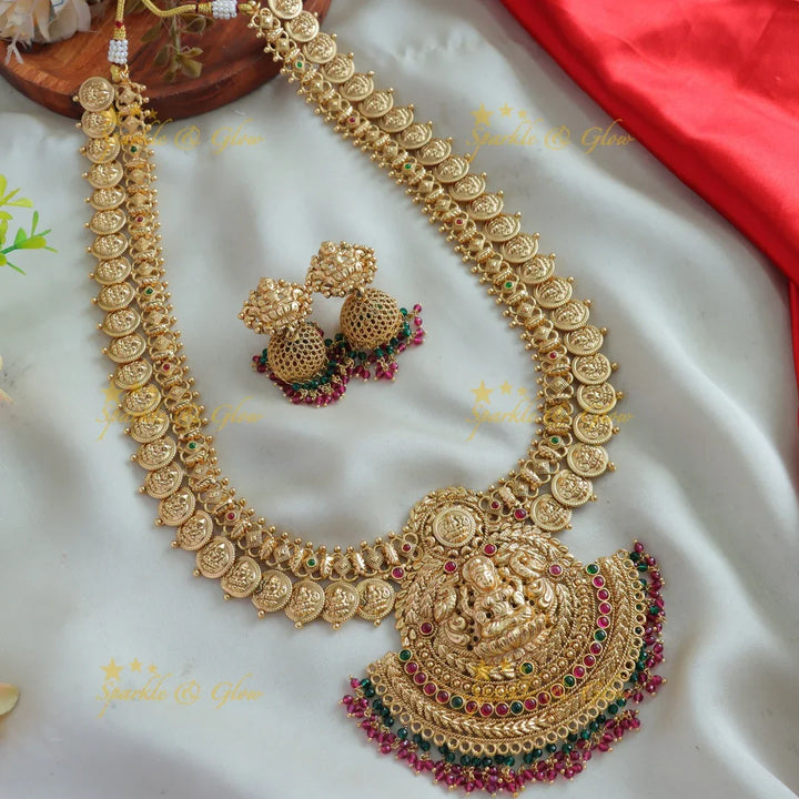 Exclusive Lakshmi coin long necklace with ruby red and green beads - Sparkle and Glow