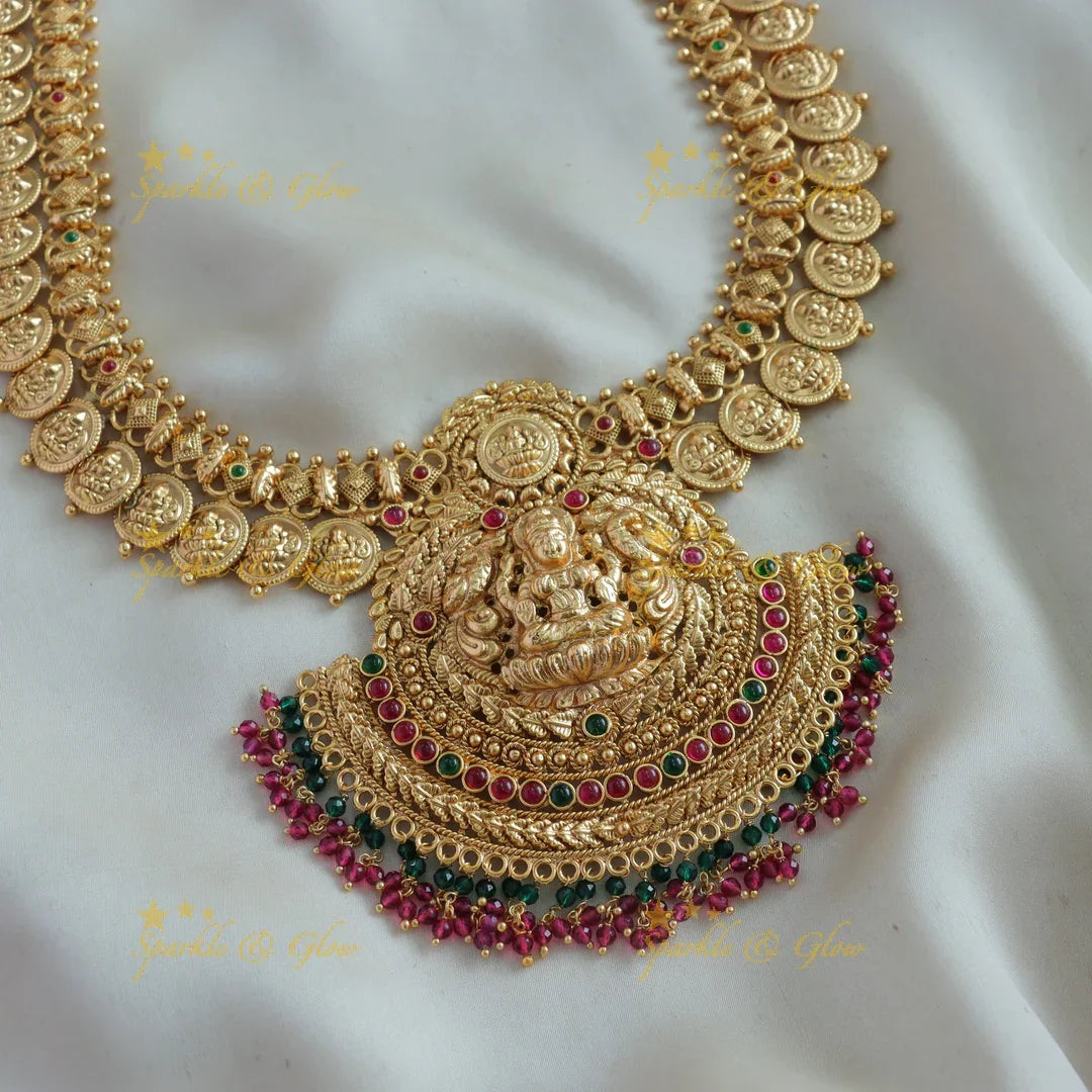 Exclusive Lakshmi coin long necklace with ruby red and green beads - Sparkle and Glow