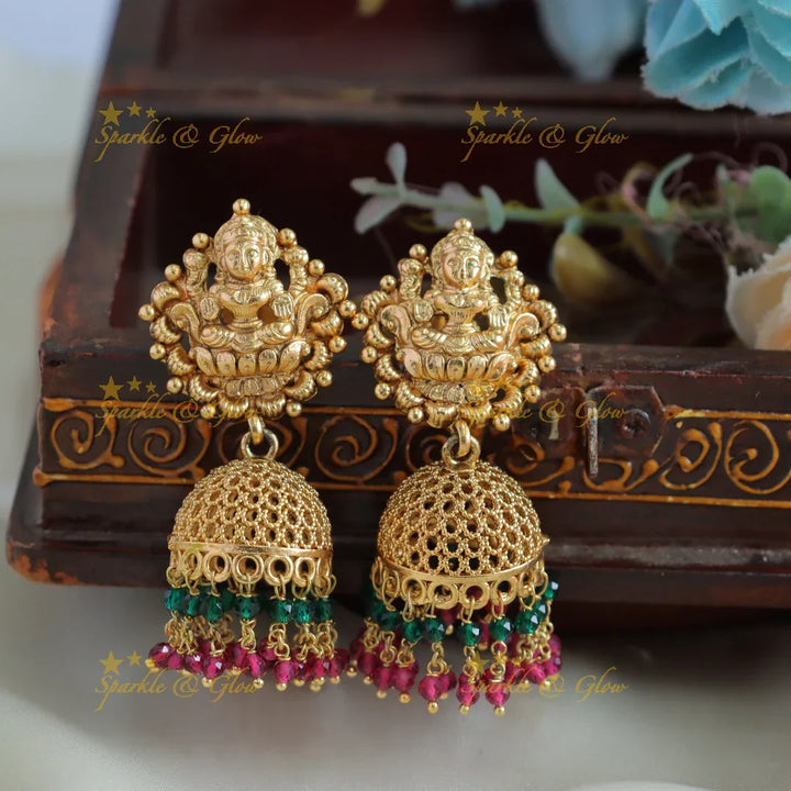 Exclusive Lakshmi coin long necklace with ruby red and green beads - Sparkle and Glow