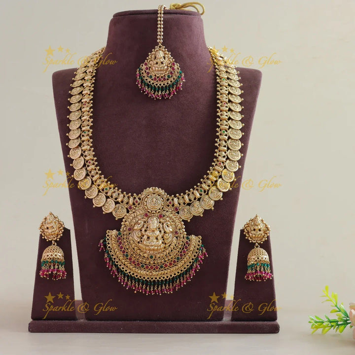 Exclusive Lakshmi coin long necklace with ruby red and green beads - Sparkle and Glow