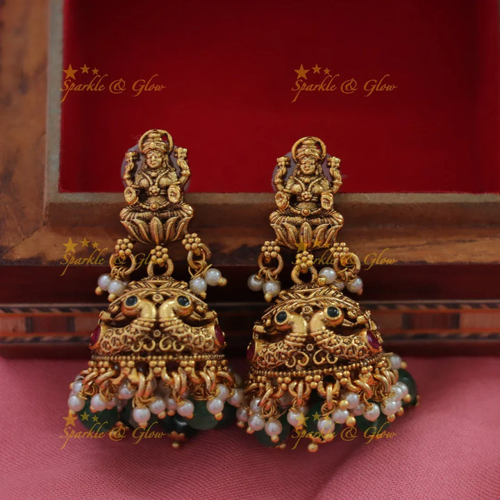 Grand intricate Lakshmi peacock carved long necklace with ruby emerald pearls and green beads - Sparkle and Glow