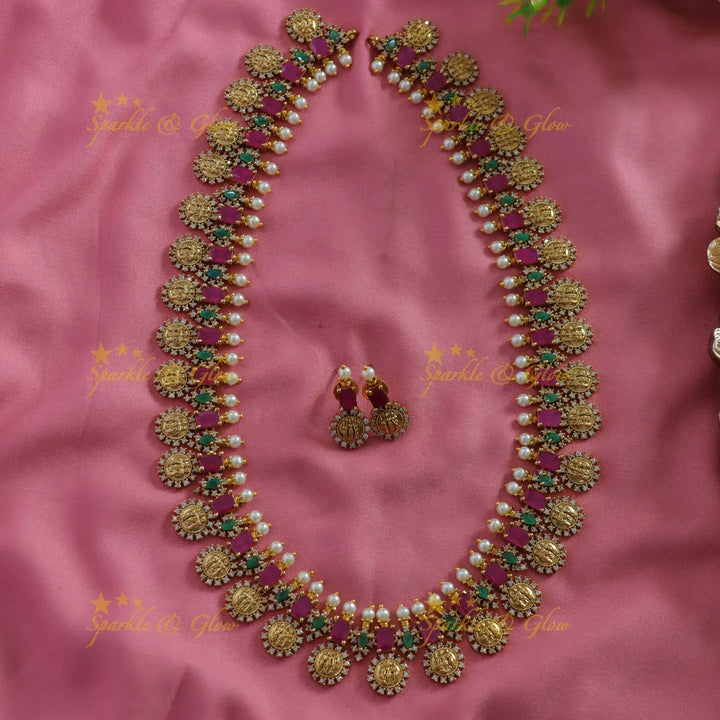Elegant Ram parivar carved coin long necklace with ruby emerald stones and pearls - Sparkle and Glow