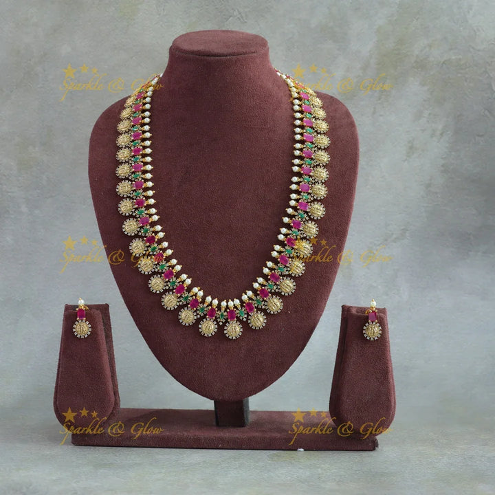 Elegant Ram parivar carved coin long necklace with ruby emerald stones and pearls - Sparkle and Glow