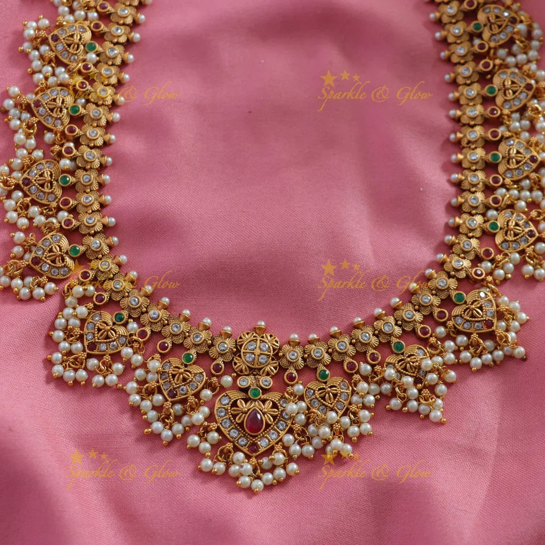 Stunning Leaf design gutta pusalu long necklace with ruby emerald and CZ stones - Sparkle and Glow