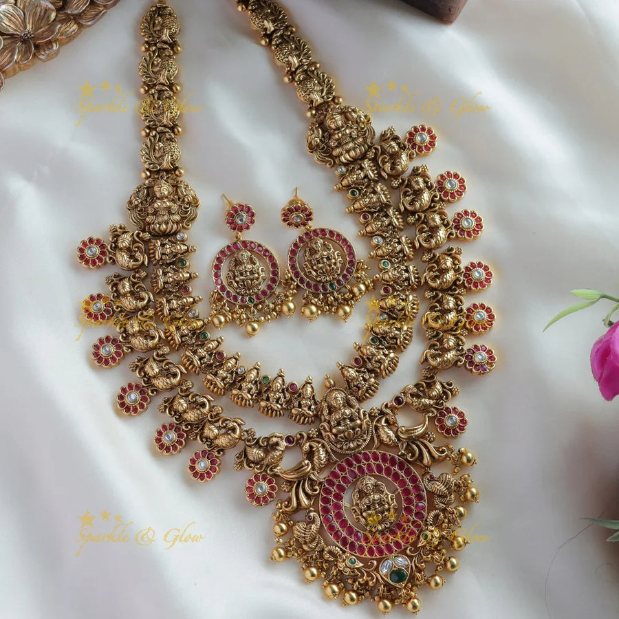 Stunning Lakshmi peacock carved two layer kemp stone bottu long necklace with gold beads - Sparkle and Glow