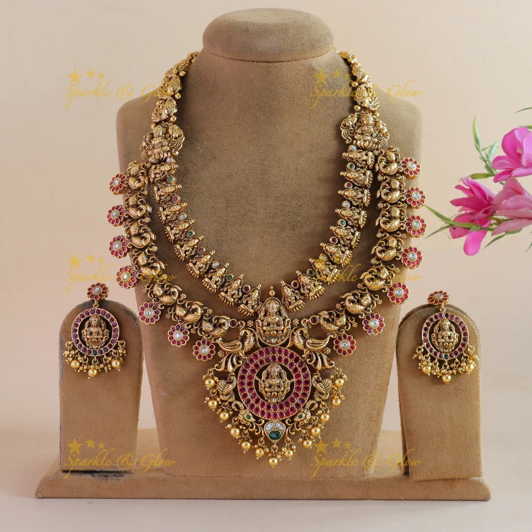 Stunning Lakshmi peacock carved two layer kemp stone bottu long necklace with gold beads - Sparkle and Glow