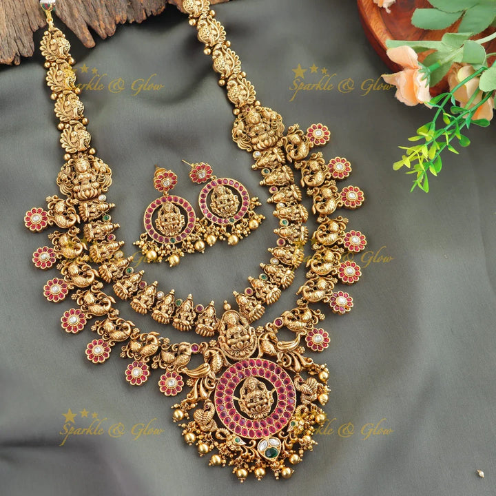 Stunning Lakshmi peacock carved two layer kemp stone bottu long necklace with gold beads - Sparkle and Glow