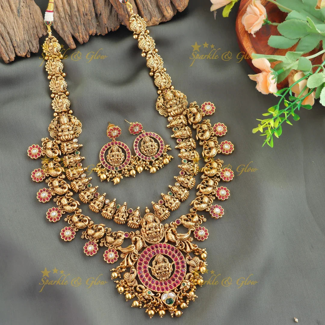 Stunning Lakshmi peacock carved two layer kemp stone bottu long necklace with gold beads - Sparkle and Glow