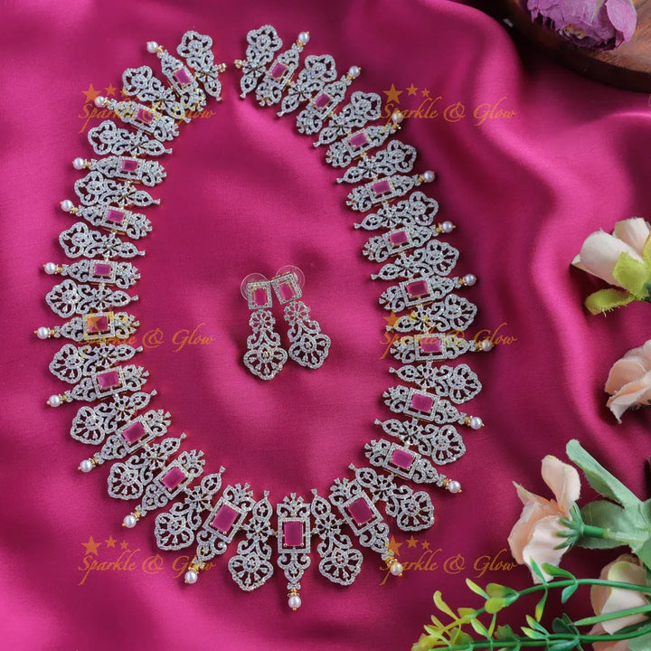 Grand Floral Leaflet design American diamond Haram with Ruby stones and pearls - Sparkle and Glow
