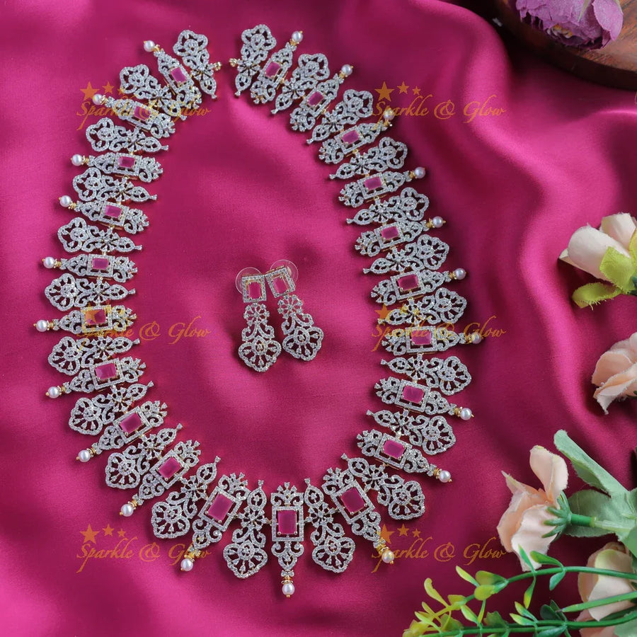 Grand Floral Leaflet design American diamond Haram with Ruby stones and pearls - Sparkle and Glow