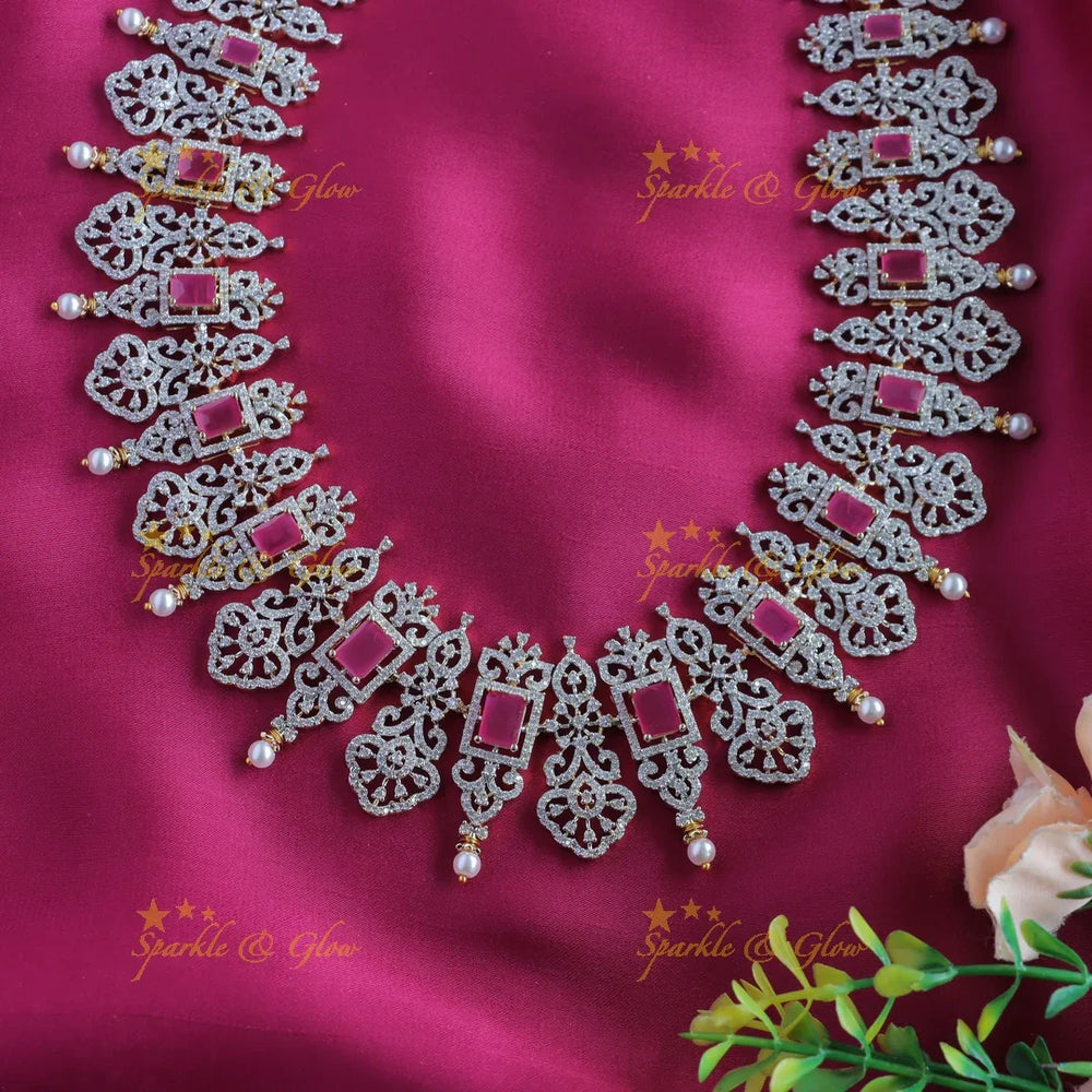 Grand Floral Leaflet design American diamond Haram with Ruby stones and pearls - Sparkle and Glow