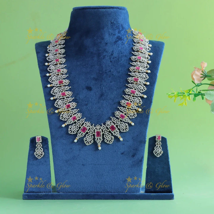 Grand Floral Leaflet design American diamond Haram with Ruby stones and pearls - Sparkle and Glow