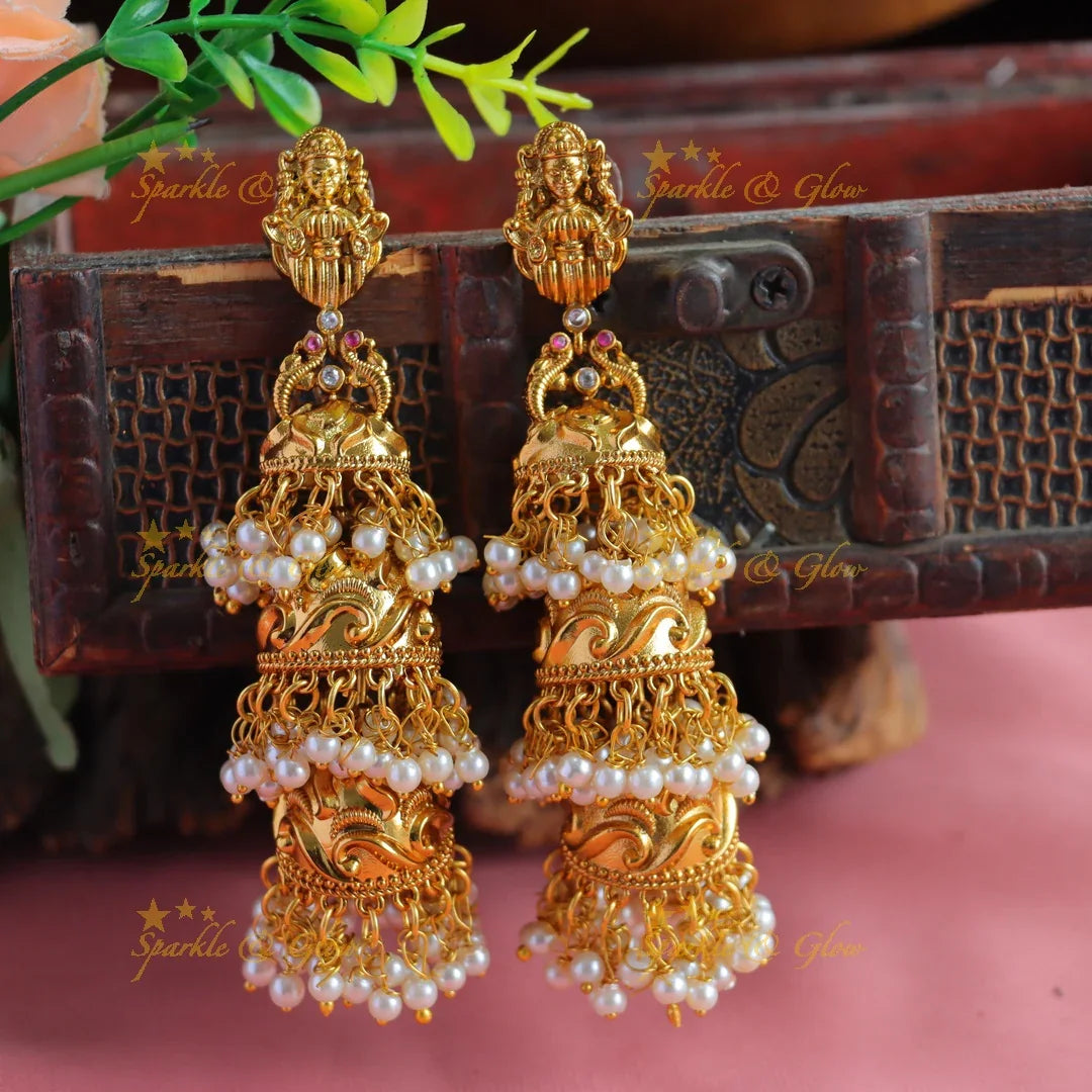 Grand Idol Lakshmi Stud earrings with Multiple hanging jhumukas - Sparkle and Glow