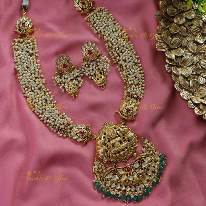 Exclusive Lakshmi elephant carved cluster pearl long necklace with stones and green beads - Sparkle and Glow