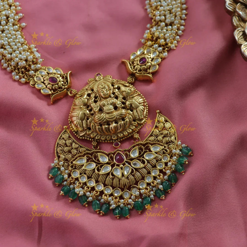 Exclusive Lakshmi elephant carved cluster pearl long necklace with stones and green beads - Sparkle and Glow