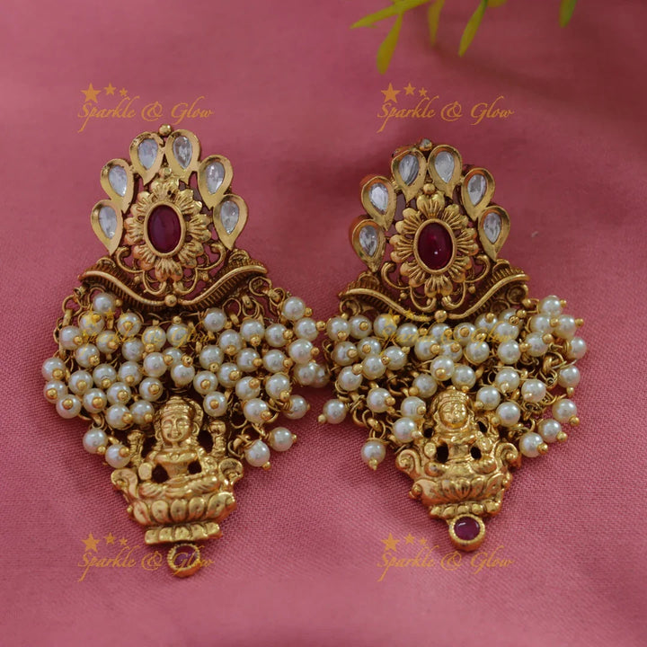 Exclusive Lakshmi elephant carved cluster pearl long necklace with stones and green beads - Sparkle and Glow