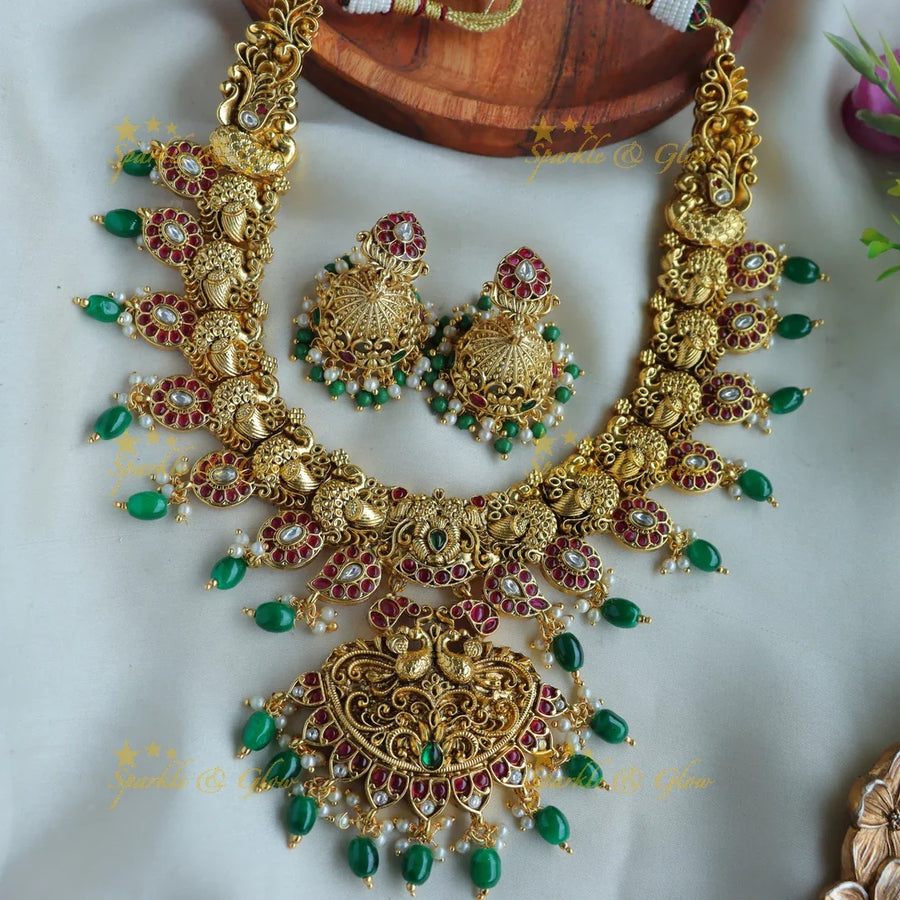 Stunning Mango peacock kemp stone short necklace with green beads - Sparkle and Glow