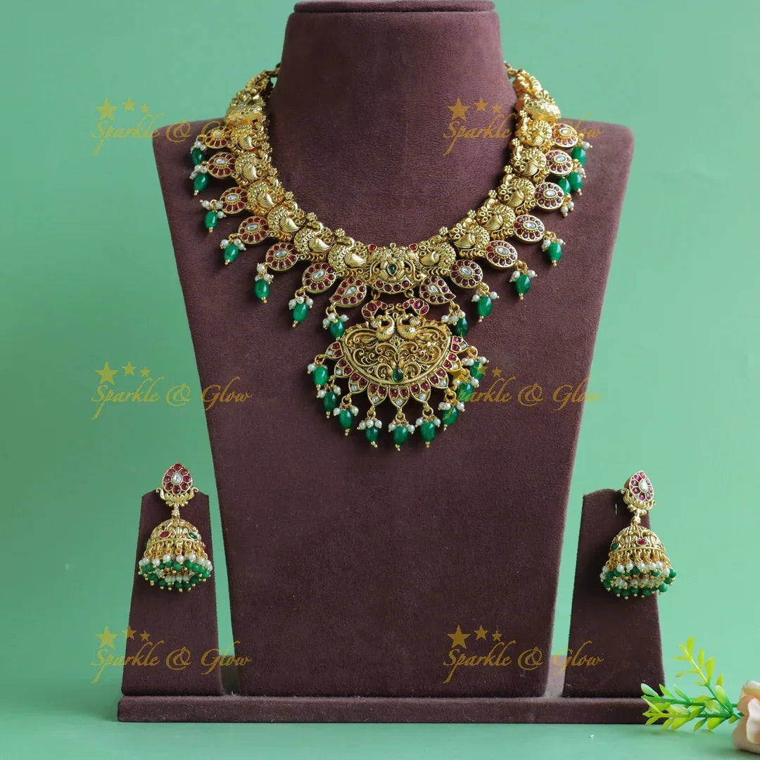 Stunning Mango peacock kemp stone short necklace with green beads - Sparkle and Glow