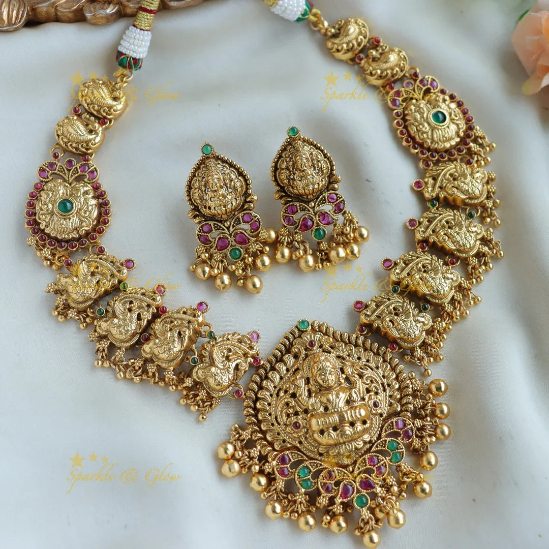 Grand Lakshmi peacock carved short necklace with ruby emerald and gold beads - Sparkle and Glow