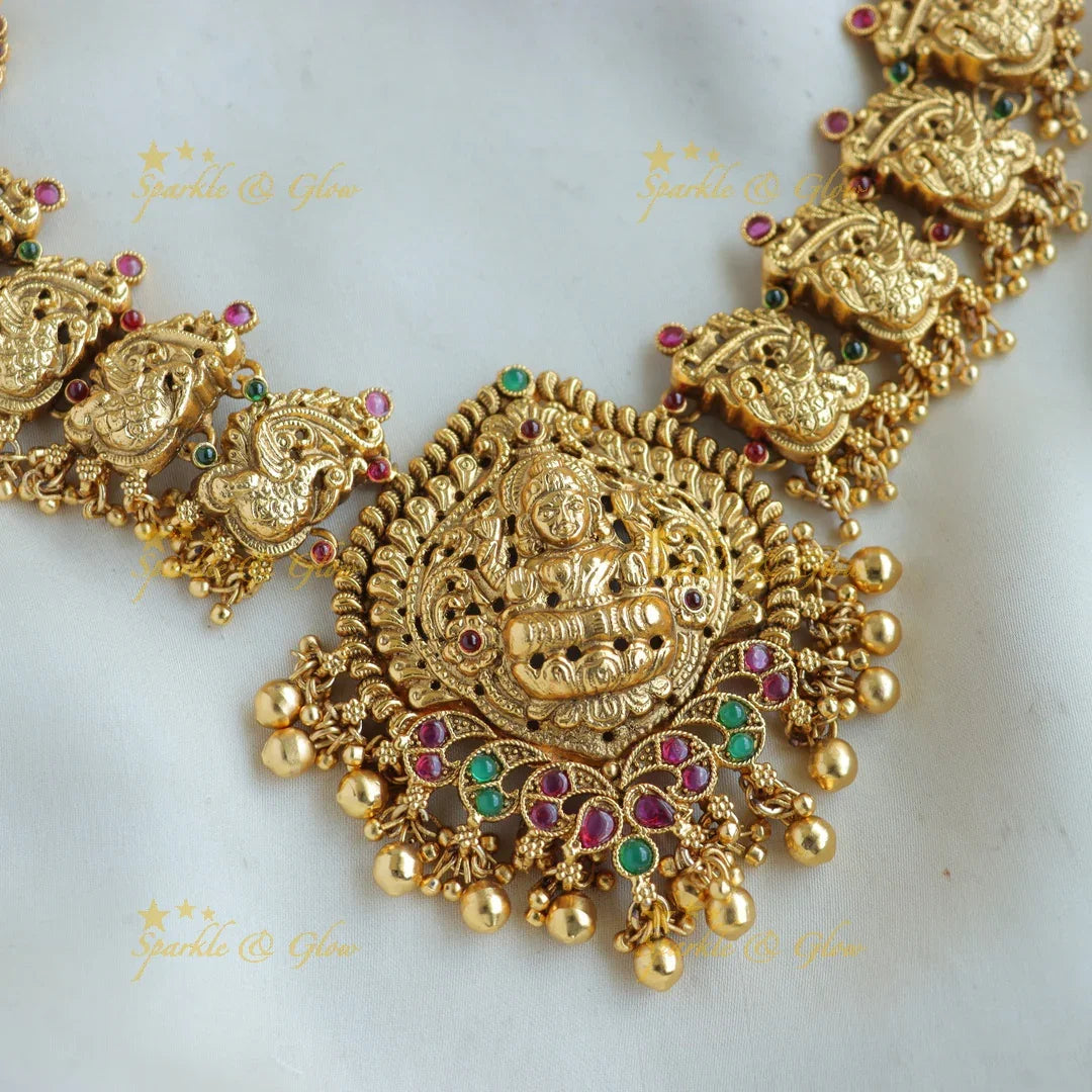 Grand Lakshmi peacock carved short necklace with ruby emerald and gold beads - Sparkle and Glow