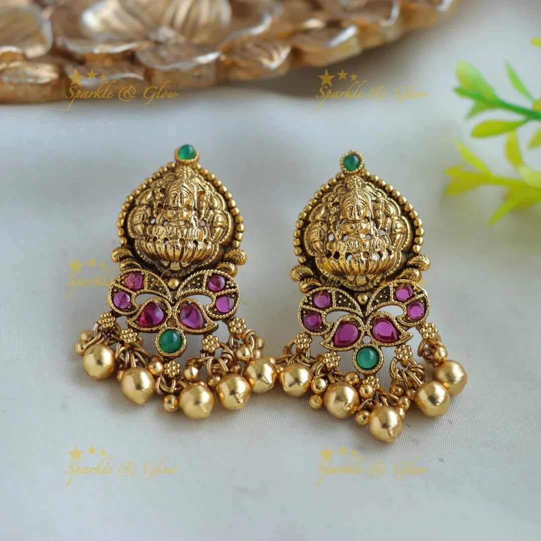 Grand Lakshmi peacock carved short necklace with ruby emerald and gold beads - Sparkle and Glow