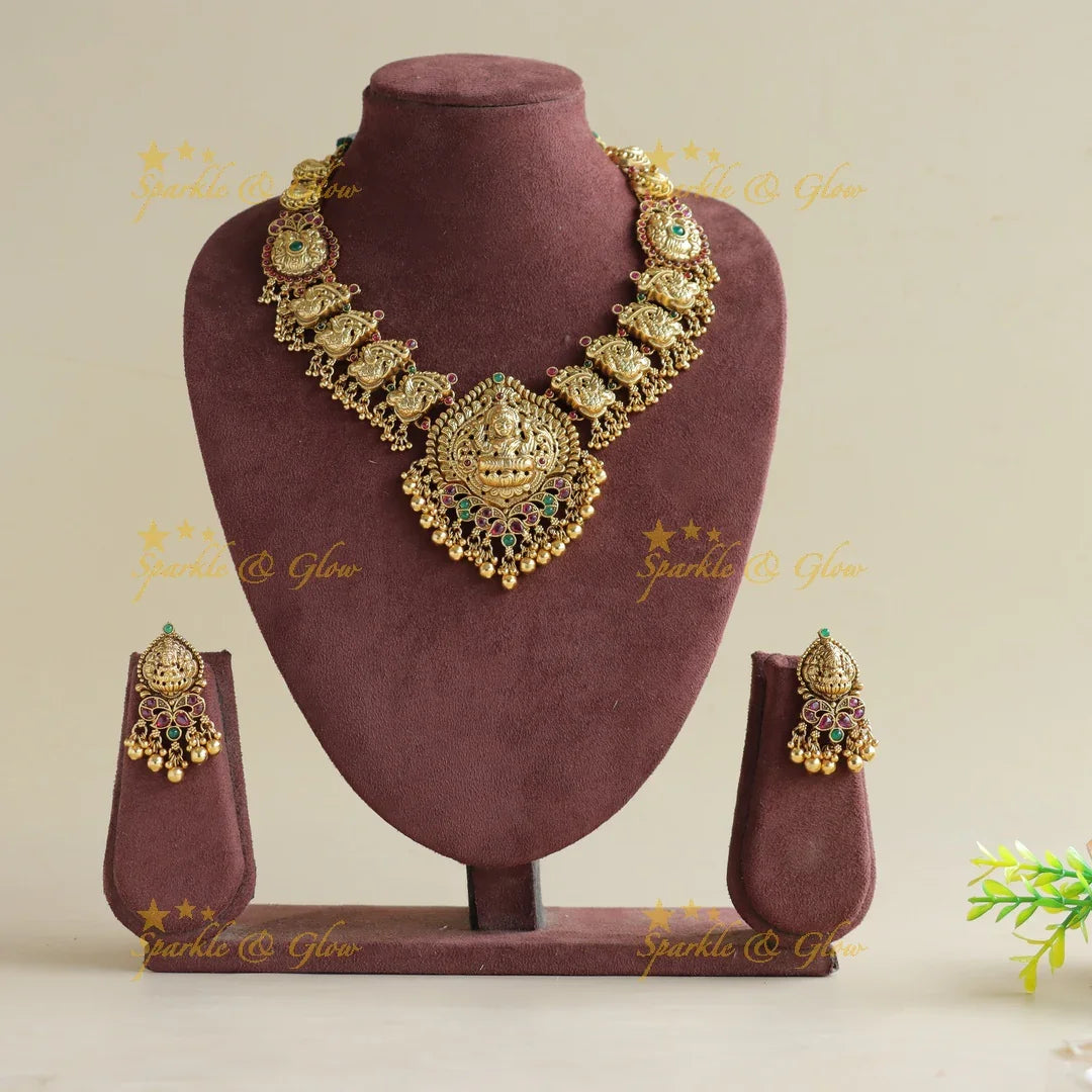 Grand Lakshmi peacock carved short necklace with ruby emerald and gold beads - Sparkle and Glow