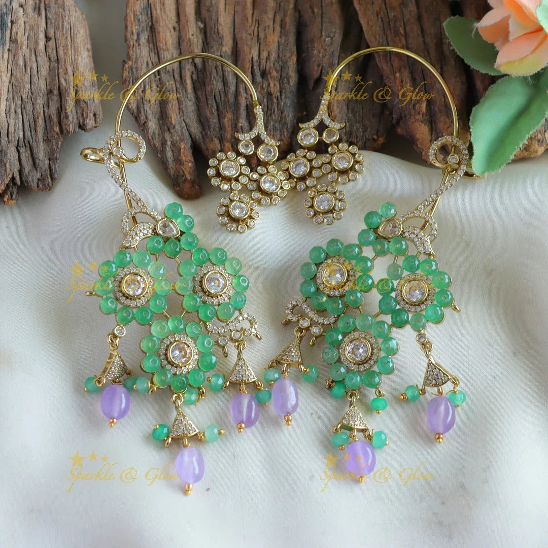 Beautiful Floral design victorian Earrings With earcuff with mint green and purple beads - Sparkle and Glow