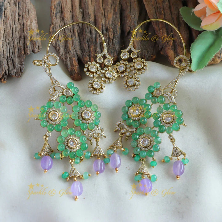 Beautiful Floral design victorian Earrings With earcuff with mint green and purple beads - Sparkle and Glow