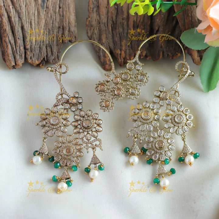 Beautiful Floral design victorian Earrings With earcuff with mint green and purple beads - Sparkle and Glow