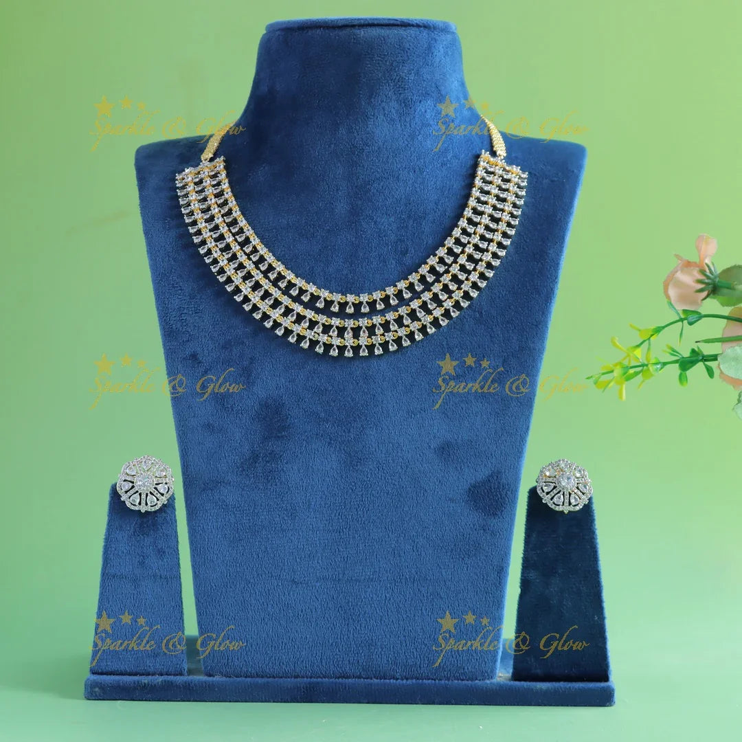 Elegant Square stone and waterdrop design American diamond short necklace - Sparkle and Glow