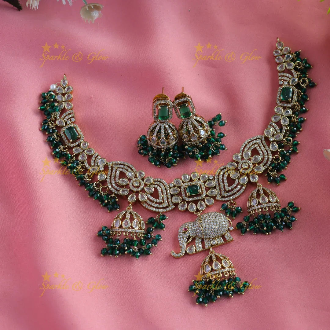 Gracious Floral Elephant carved Victorian AD short necklace with jhumuka drop - Sparkle and Glow