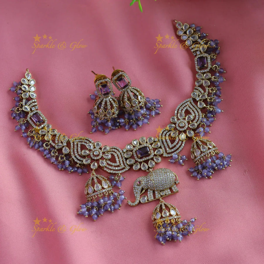 Gracious Floral Elephant carved Victorian AD short necklace with jhumuka drop - Sparkle and Glow