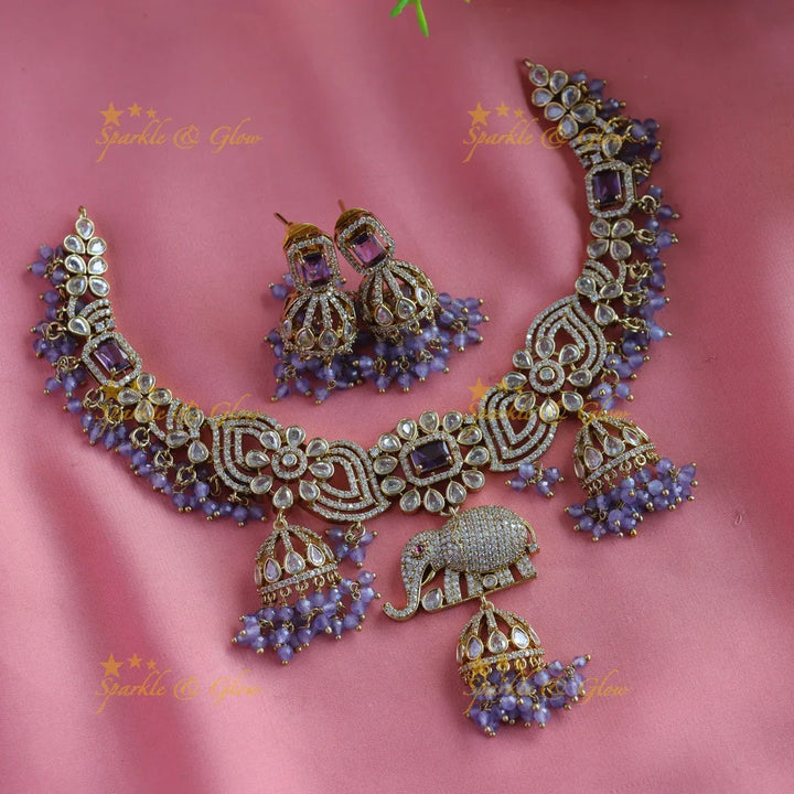 Gracious Floral Elephant carved Victorian AD short necklace with jhumuka drop - Sparkle and Glow
