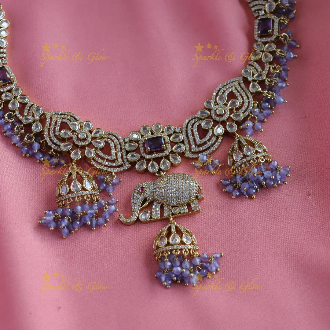 Gracious Floral Elephant carved Victorian AD short necklace with jhumuka drop - Sparkle and Glow