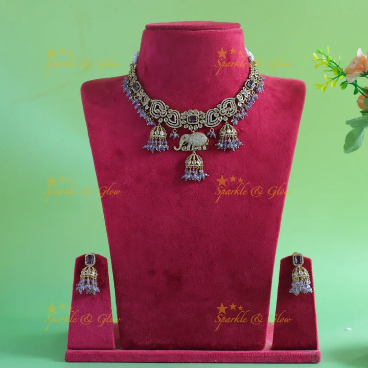Gracious Floral Elephant carved Victorian AD short necklace with jhumuka drop - Sparkle and Glow